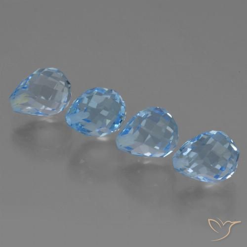 Lot de 4pc Topazes Bleu half-drilled briolette du Brésil - Poids total 10,14 ct / moyenne 2,54 ct chaque, taille 8,1x6 mm, couleur : Bleu ciel, dureté de Mohs 8 convient aux bijoux de tous les jours, pierre de sagesse, Pierre de naissance traditionnelle d'août, Photo A