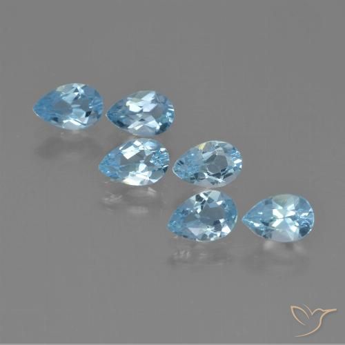 Lot de 6pc Topazes Bleu ciel Poire du Brésil - Poids total 2,85 ct / moy. 0,48 ct chaque, taille 6 x 4mm, couleur : Bleu ciel, dureté de Mohs 8 convient aux bijoux de tous les jours, pierre de sagesse, Symbolise la bonne santé, Photo A