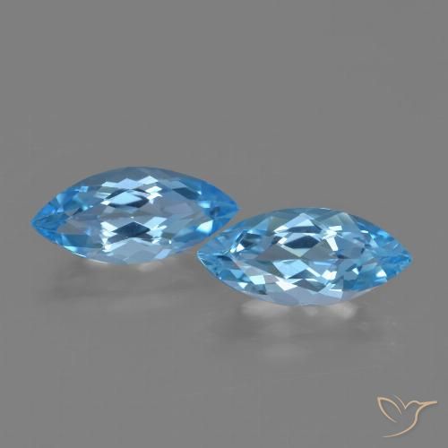 Par de Topacio Marquesa a juego de 15 x 7mm - Peso 7,26 ct en total / promedio. 3,63 ct cada uno, color Azul Suizo en claridad vvs, piedra preciosa natural , dureza de Mohs 8 Adecuado para joyas de uso diario, Piedra natal de agosto tradicional, Photo A