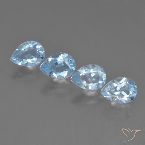 Lot de 4pc pièces de Topazes Bleu ciel Poire du Brésil, taille 7,1 x 5,3mm, poids total 3,85 ct / moyenne 0,96 ct chaque, dureté de Mohs 8 convient aux bijoux de tous les jours, pierre de sagesse, Pierre du zodiaque Sagittaire, Photo A