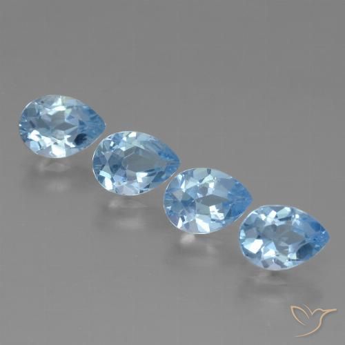 Lot de 4pcs Topazes Bleu pear facet du Brésil - Taille 7,1 x 5,2mm, poids total 3,32 ct / moyenne 0,83 ct chaque, couleur : Bleu ciel, dureté de Mohs 8 convient aux bijoux de tous les jours, pierre de sagesse, Pierre dorée, Photo A