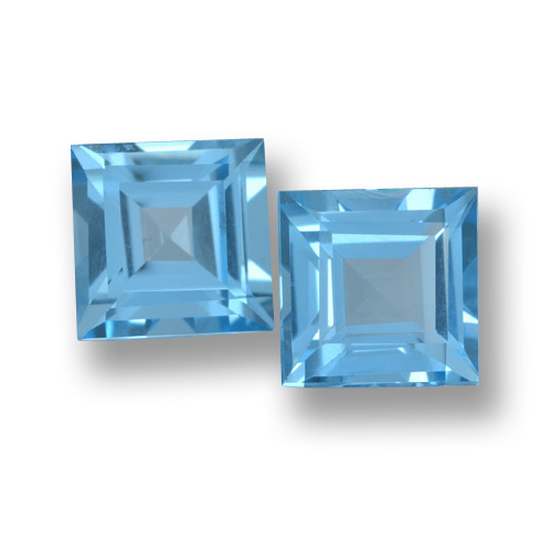 Matching Pair of 7 x 6.9mm Square Facet Blue Topaz, Weight of 4.03ct total / avg. 2.02ct each, Matching Topaz Pair in VVS Clarity in Deep Baby Blue Color, Natural irradiated gemstone, Mohs Hardness 8 suitable for daily wear jewelry, Sagittarius Zodiac Stone, Photo A