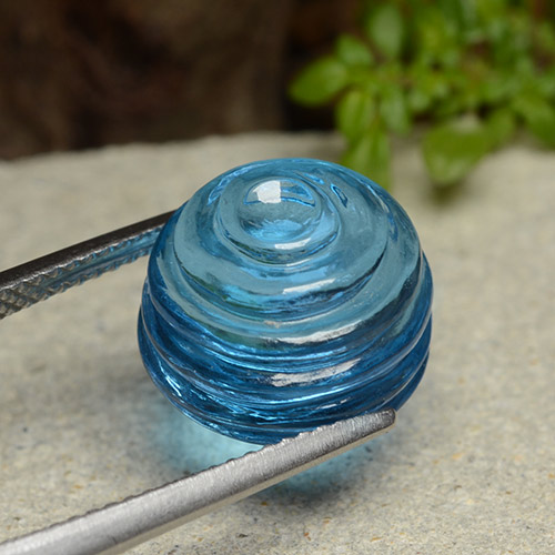 12.3mm Carved Round Blue Topaz from Brazil, Weight of 13.93ct, Natural irradiated gemstone in Transparent Clarity, 1pc Topaz - the Color is Maya Blue, Mohs Hardness of 8 suitable for daily wear jewelry, Symbolizes Good Health, Photo A