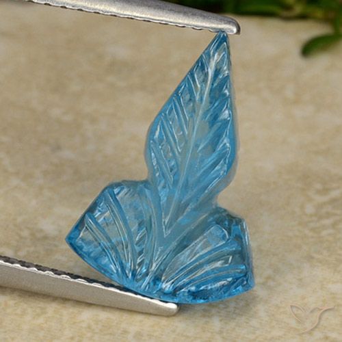 Deep Azure Topaz Gem - 4.6ct Fantasy Carved Leaf (ID: 486270)