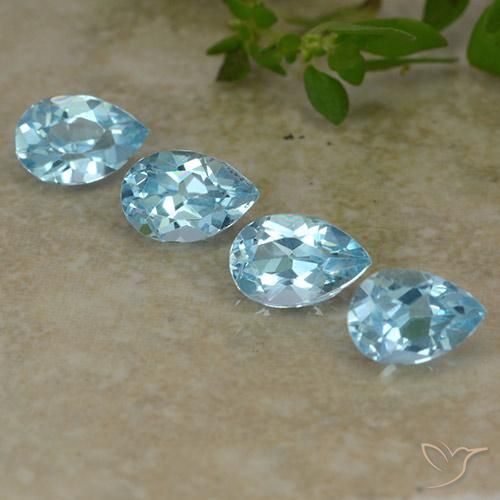 Lot de 4pc Topazes Bleu pear facet du Brésil - Poids total 2,07 ct / moyenne 0,52 ct chaque, taille 6 x 4mm, couleur : Bleu Suisse, dureté de Mohs 8 convient aux bijoux de tous les jours, pierre de sagesse, Pierre précieuse du vendredi, Photo A
