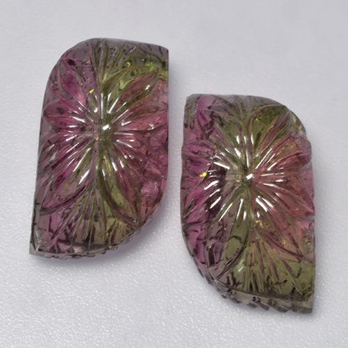 Paire de tourmaline Taille Fleur 18,1x9,4 mm assorties - Poids total 16,95 ct / moyenne 8,48 ct chacune, couleur Bicolore et pureté Transparent, pierre gemme naturelle Non traité, dureté de Mohs 7 à 7.5 convient aux bijoux de tous les jours, pierre de sagesse, Symbolise la protection, Photo A