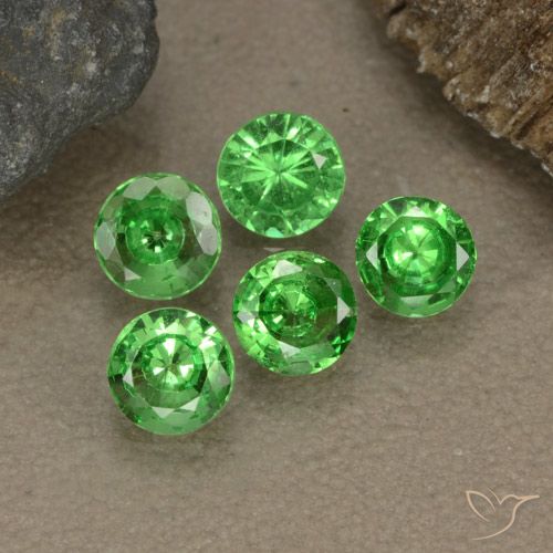 Lot de 5pc Grenat Tsavorites Vert diamond-cut de Tanzanie - Poids total 1,28 ct / moyenne 0,26 ct chaque, taille 4mm, couleur : Vert moyen, dureté de Mohs 6.5 à 7.5 convient aux bijoux de tous les jours, pierre de sagesse, Photo A