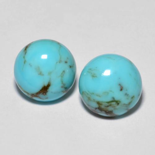 Matching Pair of 9.2mm Round Cabochon Turquoise, Weight of 4.06ct total / avg. 2.03ct each, Matching Turquoise Pair in Opaque Clarity in Bright Blue Green Color, Natural untreated gemstone, Mohs Hardness 5 - 6, Photo A