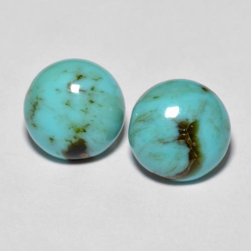 9.1mm Matching Round Turquoise Pair - Weight 3.74ct total / avg. 1.87ct each, Natural untreated Gemstone, Bluish Green Color in Opaque Clarity, Mohs Hardness 5 - 6, Photo A